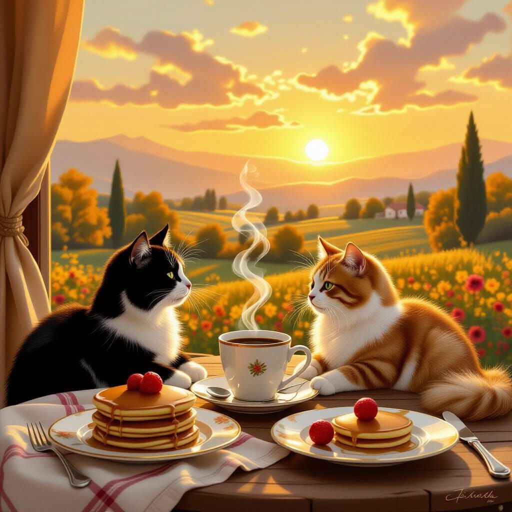Italian Sunrise Breakfast with Cats in Golden Light