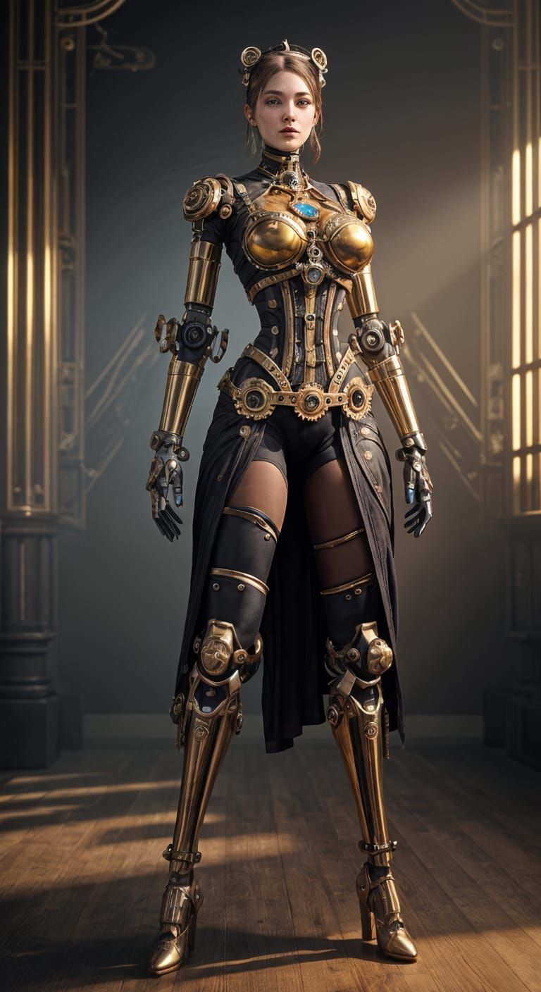 Clockwork Woman with Steampunk Engine: 3D Render