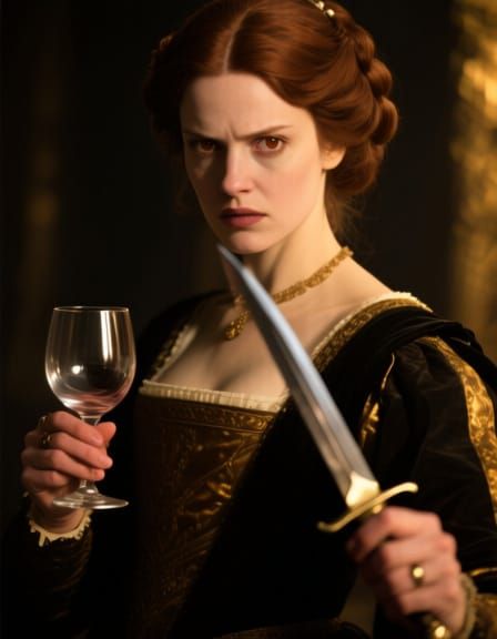 Photorealistic Courtier Woman With Dagger and Wine Glass