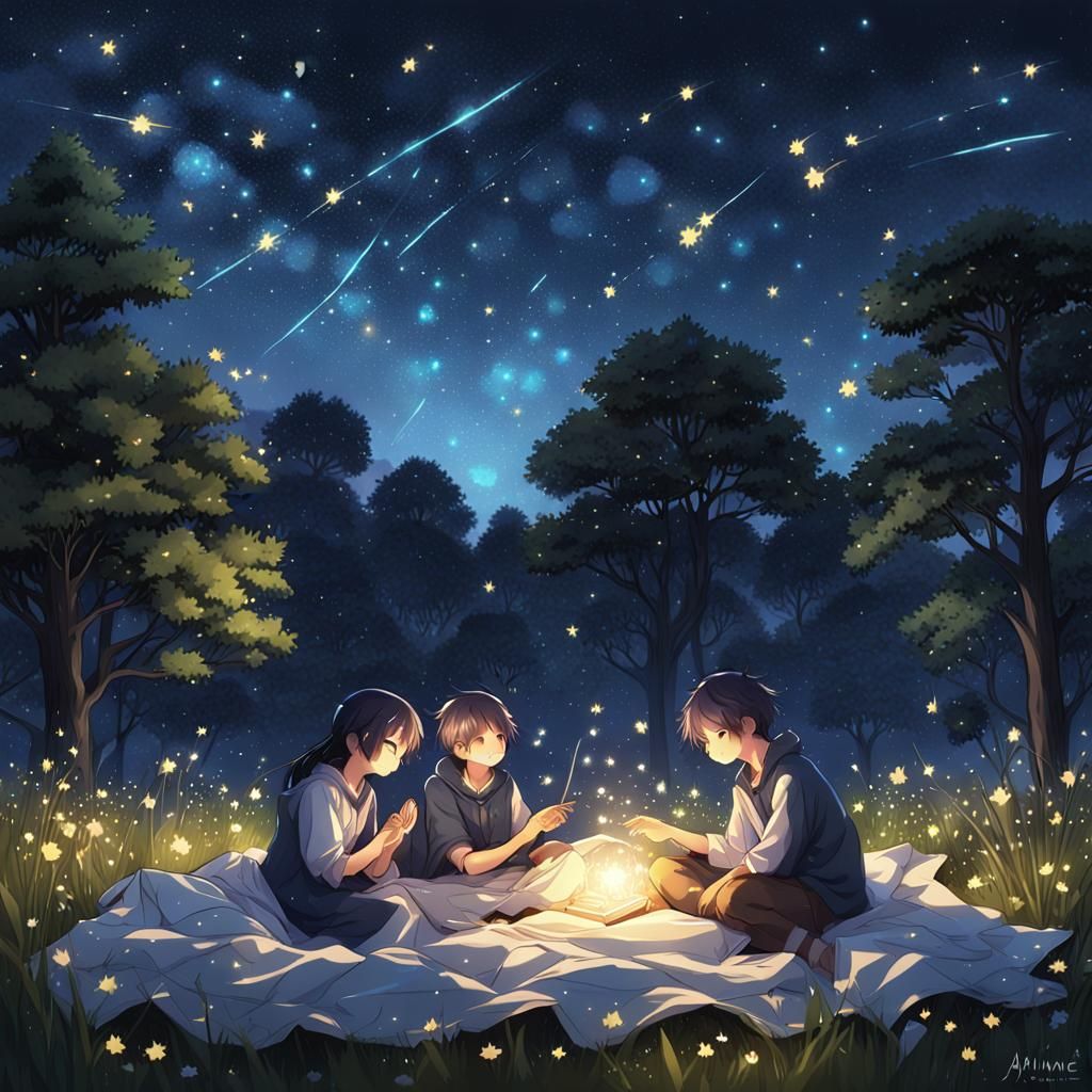 Romantic Stargazing in a Meadow, Anime Style