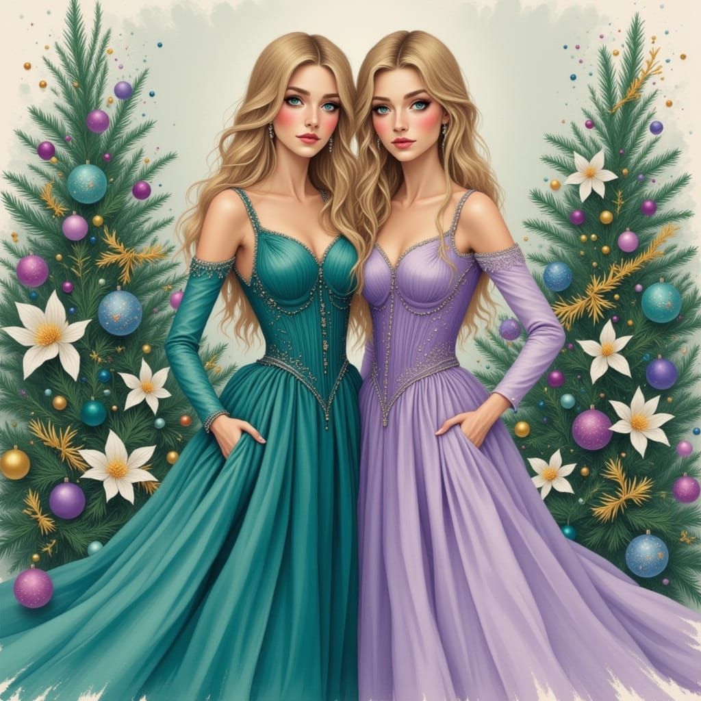 Identical Twin Sisters in Corset Gowns by Xmas Tree