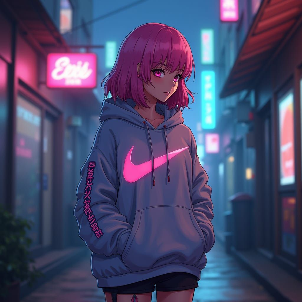 Neon Alleyway Portrait in Anime Manga Style