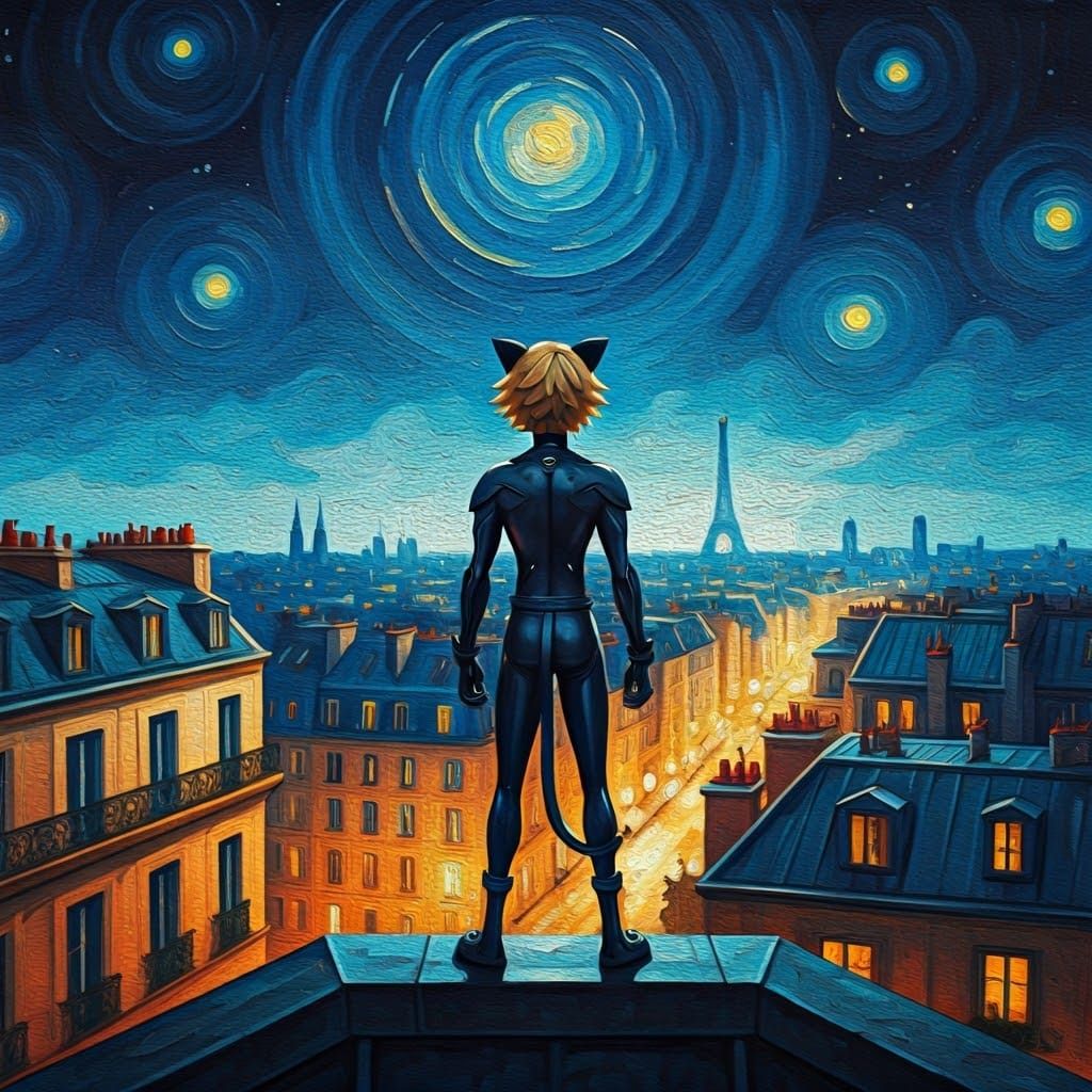 Cat Noir Under Starry Parisian Skies in Vibrant Oil Painting