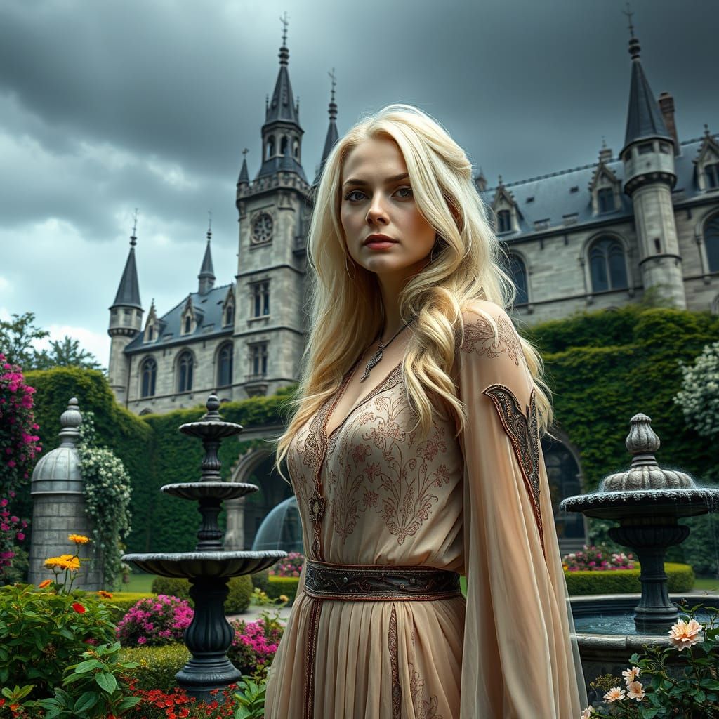 Mystical Teacher in a French Garden, Gothic Castle Backgroun...