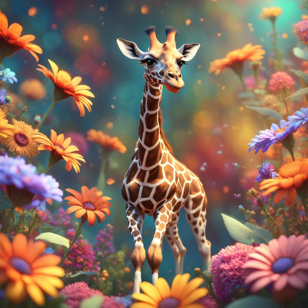 Fluffy Winged Giraffe in Floral Landscape, 3D Render