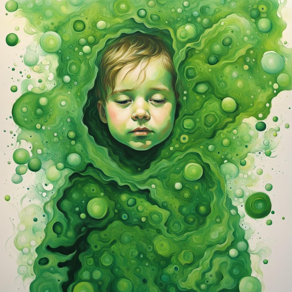 Child Covered in Green Amoebas: Abstract Digital Art
