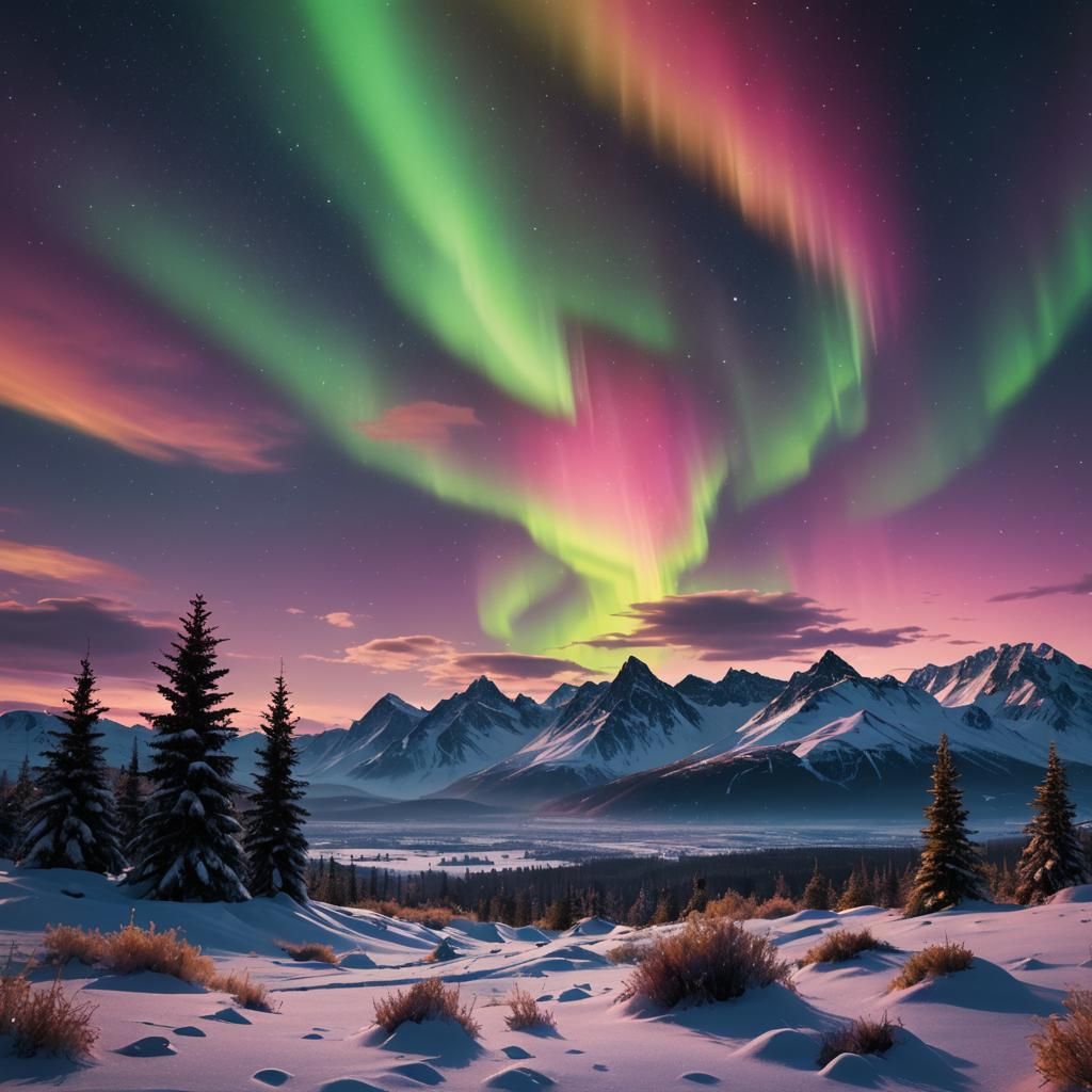 Dramatic Winter Landscape with Colorful Aurora Borealis