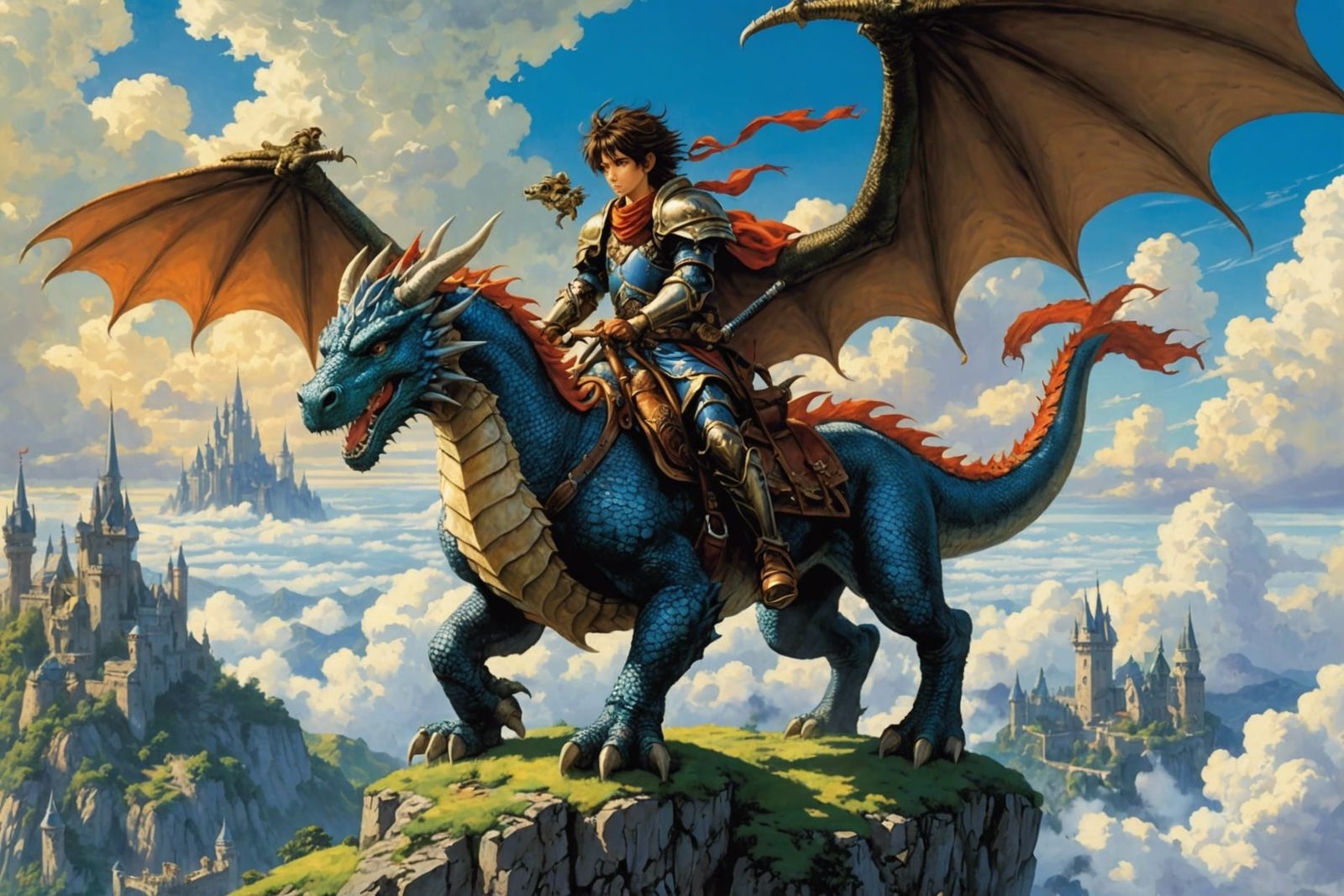 Dragon and Knight in Clouds, Fantasypunk Wallpaper