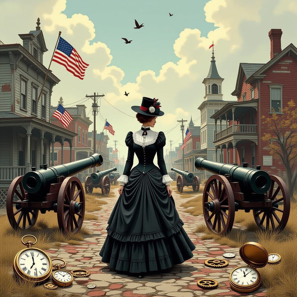 Victorian Woman in Historic American Town with Clockwork Gea...