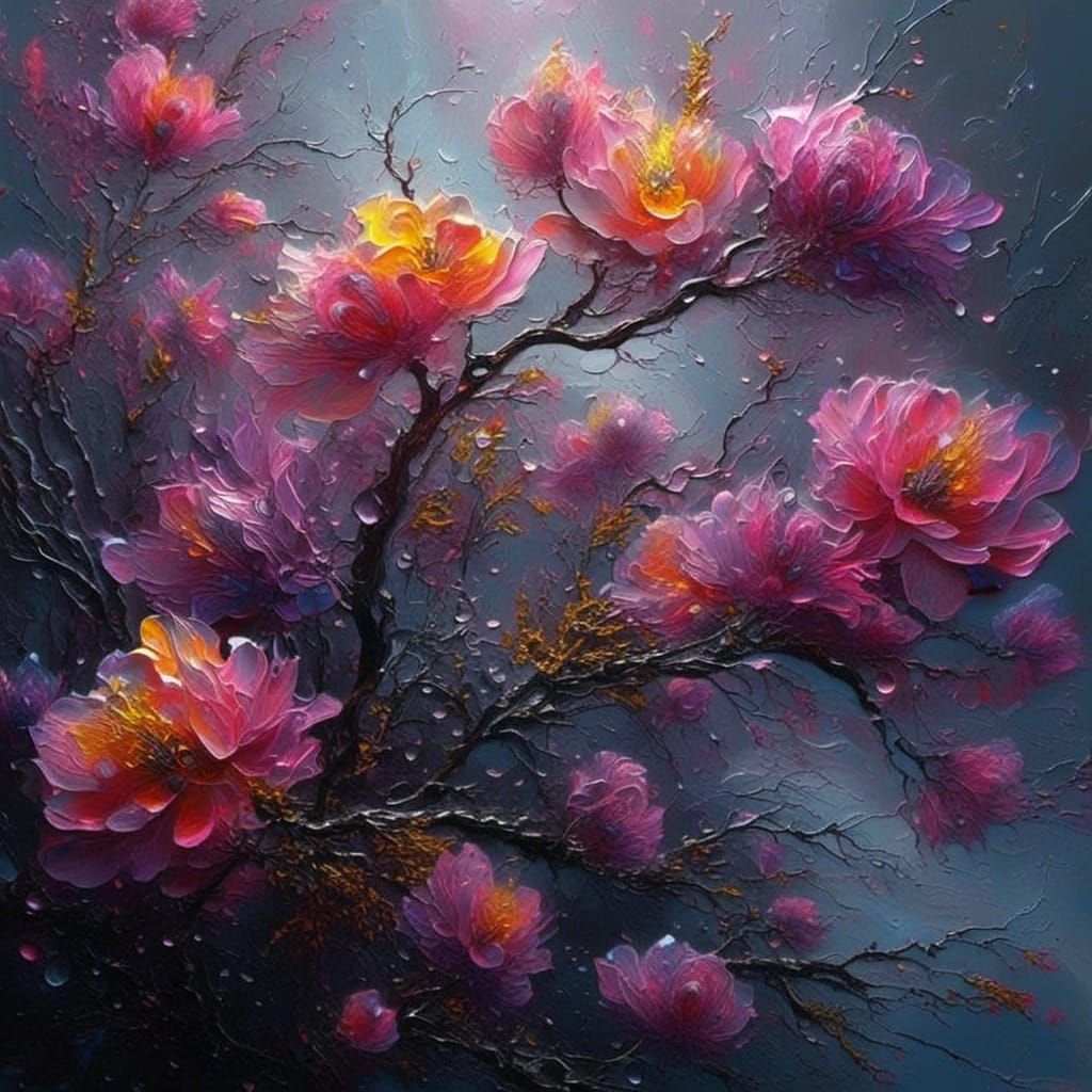 Dusky Blossom with Dewdrops in Splash Art Style