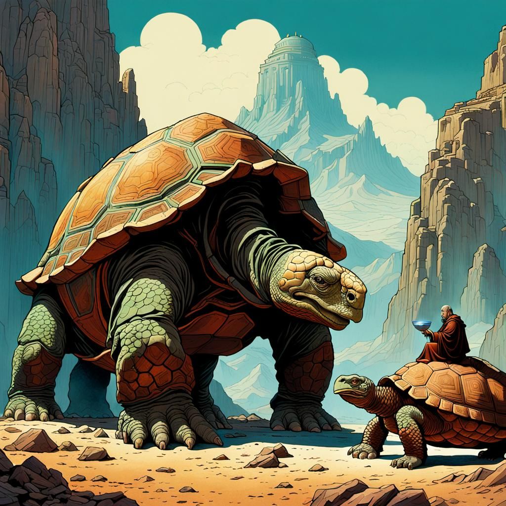 Monk Feeds Titan Tortoise Outside Mountain Temple