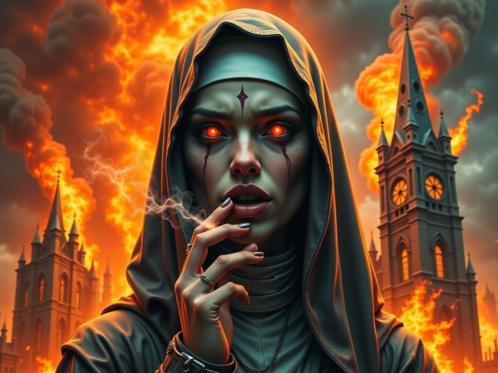 Nun with Glowing Eyes in Burning Church