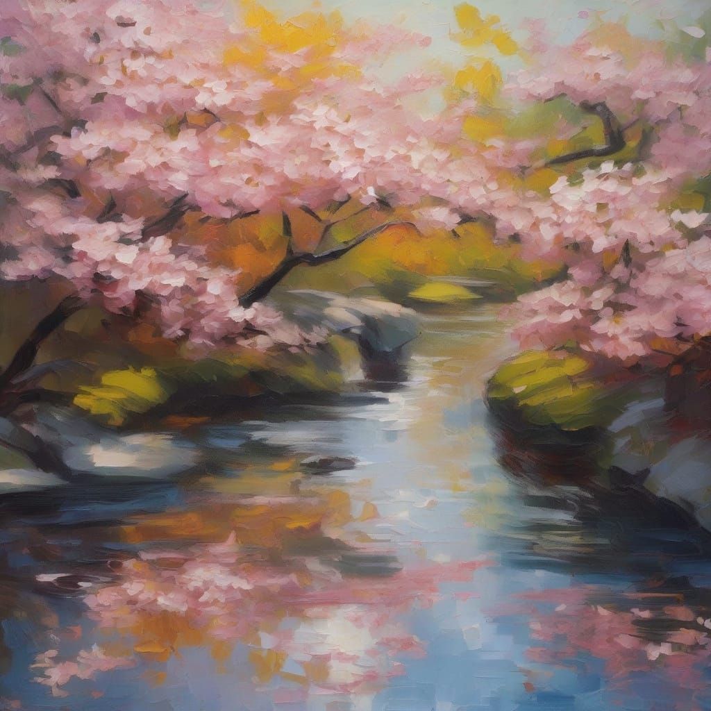 Cherry Blossoms in Japanese Garden: Abstract Oil Painting