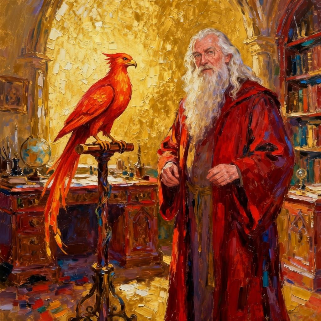 Dumbledore and Fawkes Posing for a Photo in Neo-Impressionis...