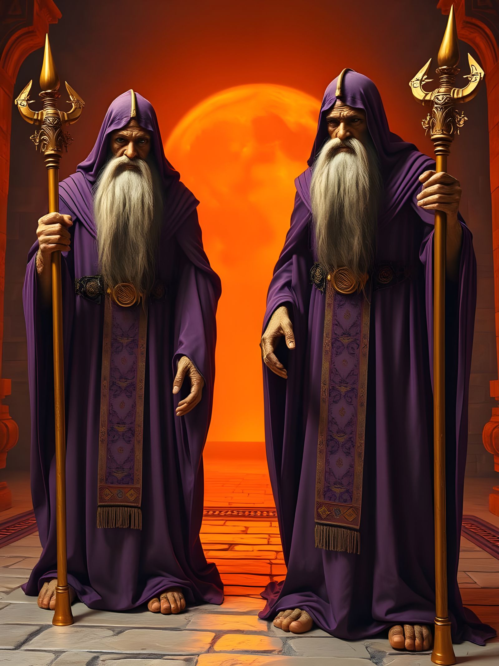 Ancient Egyptian Priests with Golden Staffs