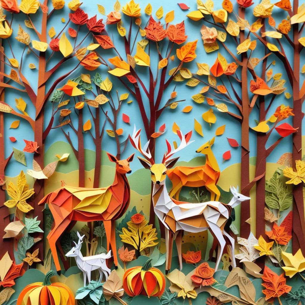 Fall Paper Collage Art Scene with Origami Deer
