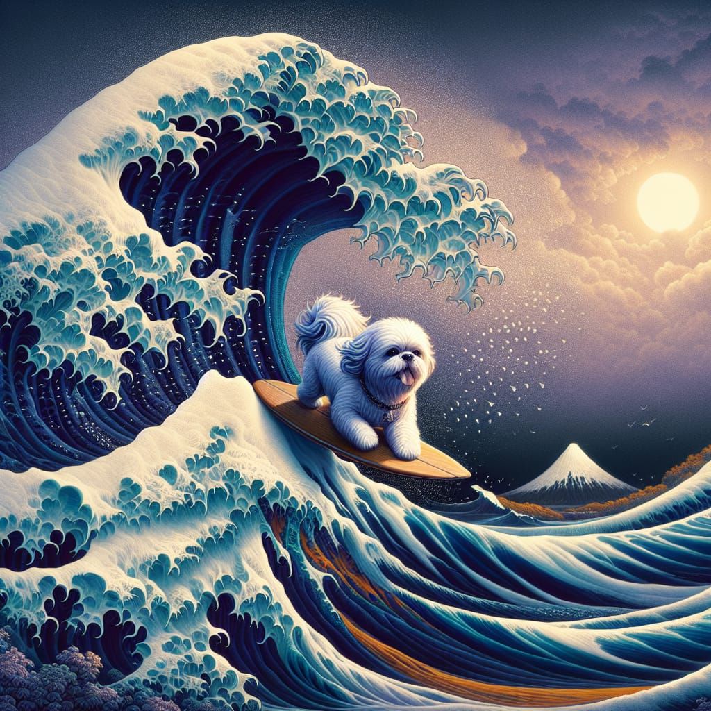Shih Tzu Surfing the Great Wave: Matte Painting