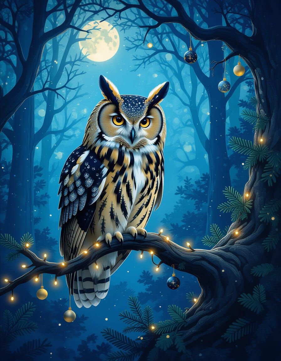 Majestic Starry Owl on Glowing Branch in Enchanted Forest