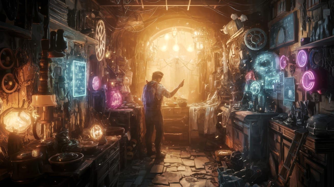 Steampunk Inventor's Workshop in Warm, Golden Light