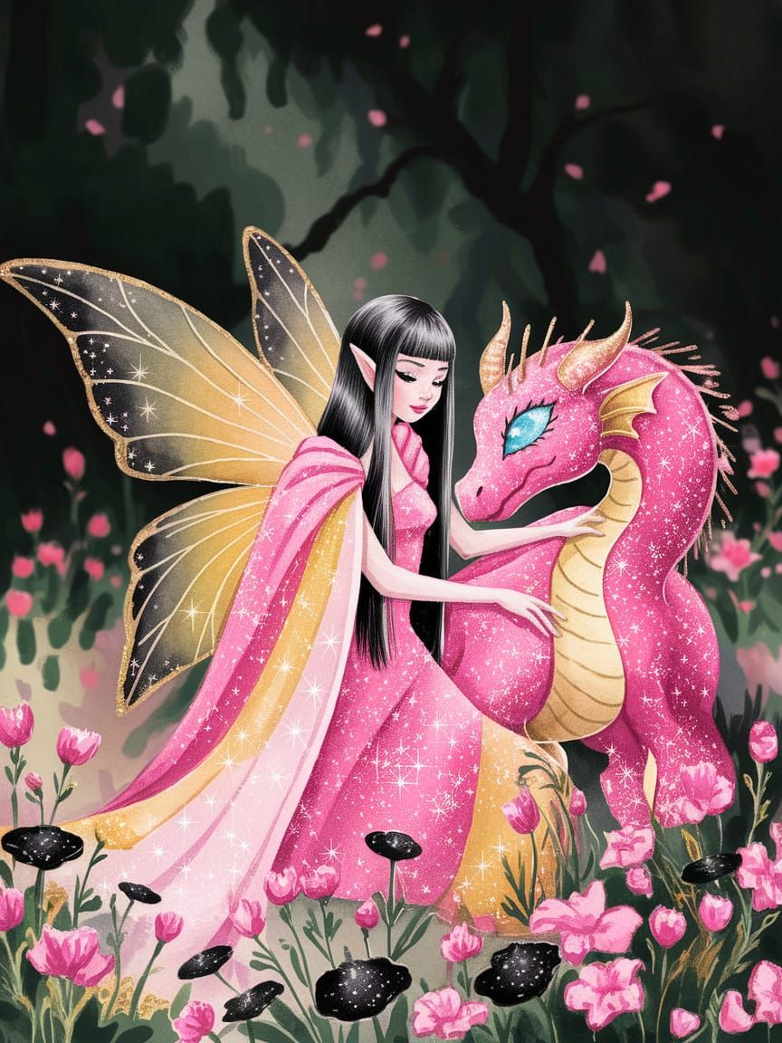 A beautiful pink fairy with long straight black hair and billowing pink and gold sparkling robes, black and gold wings, ...