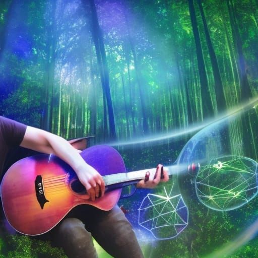 Magical Musicians in Blooming Forest: Astral Illustration