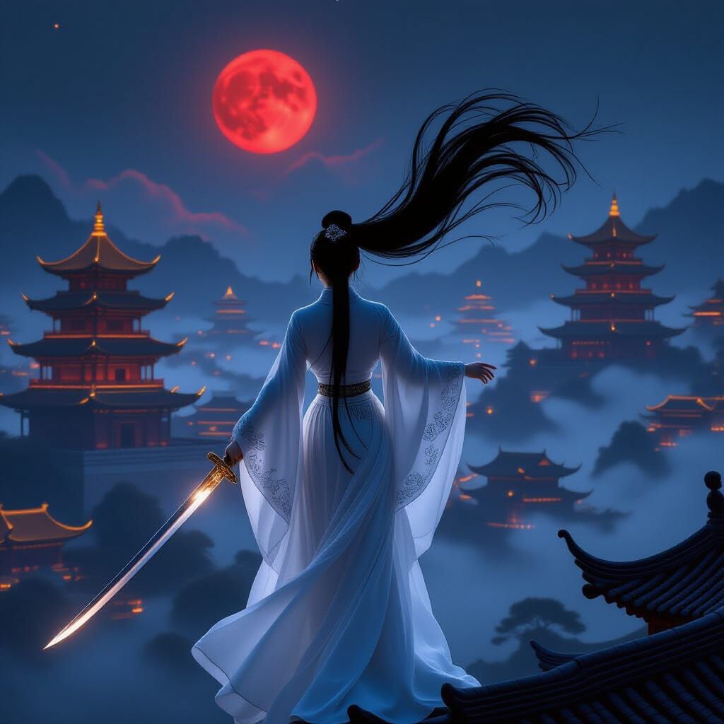 Mysterious Girl Under Crimson Moon in Ancient China