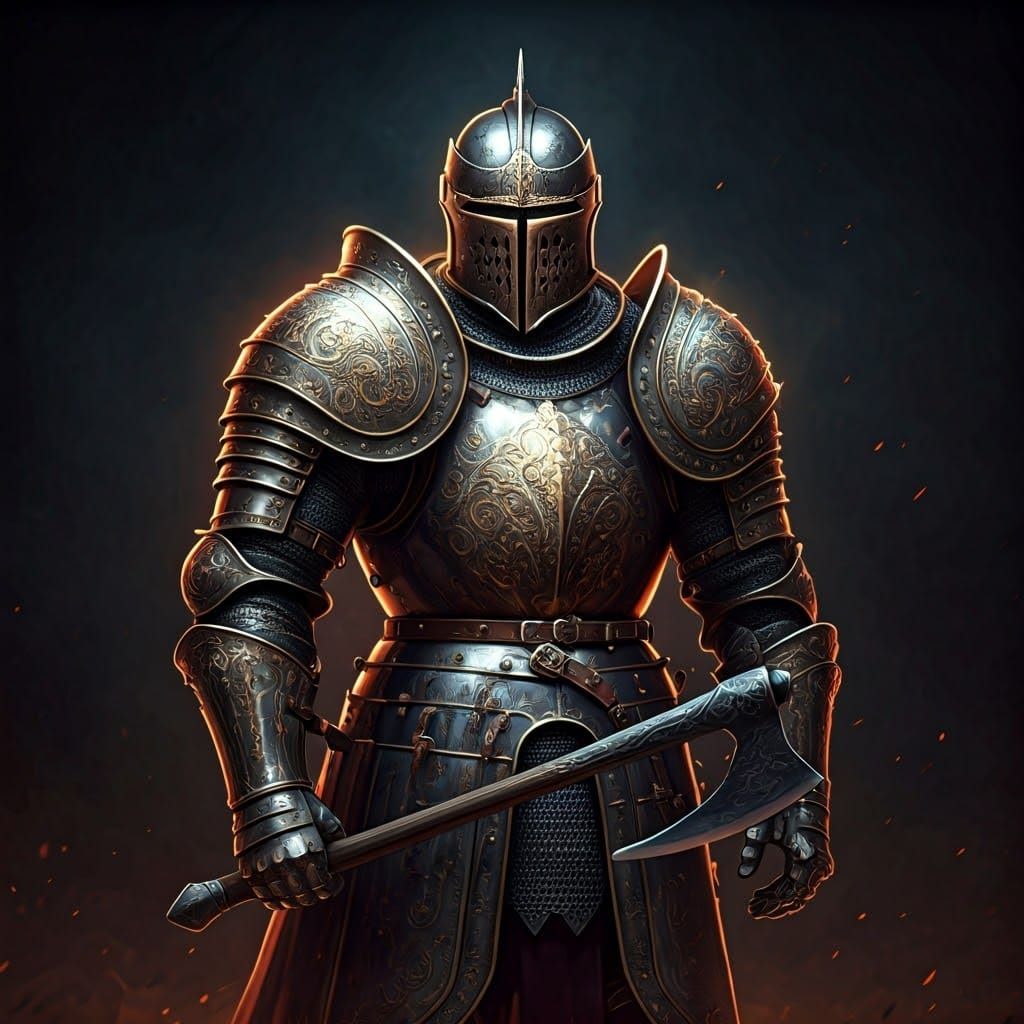 Heroic Armored Knight with Axe in Hyperrealistic Style