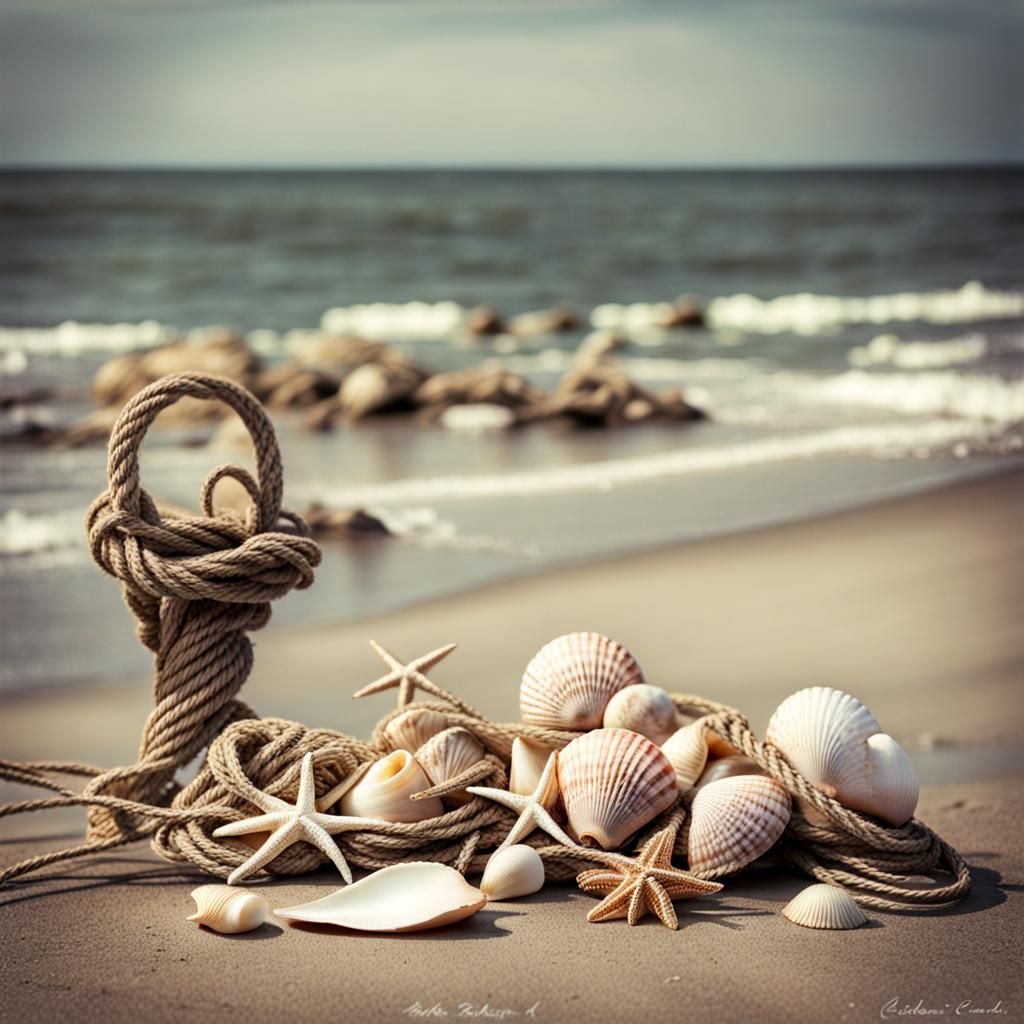 Seaside Treasures: Shells and Ropes Still Life