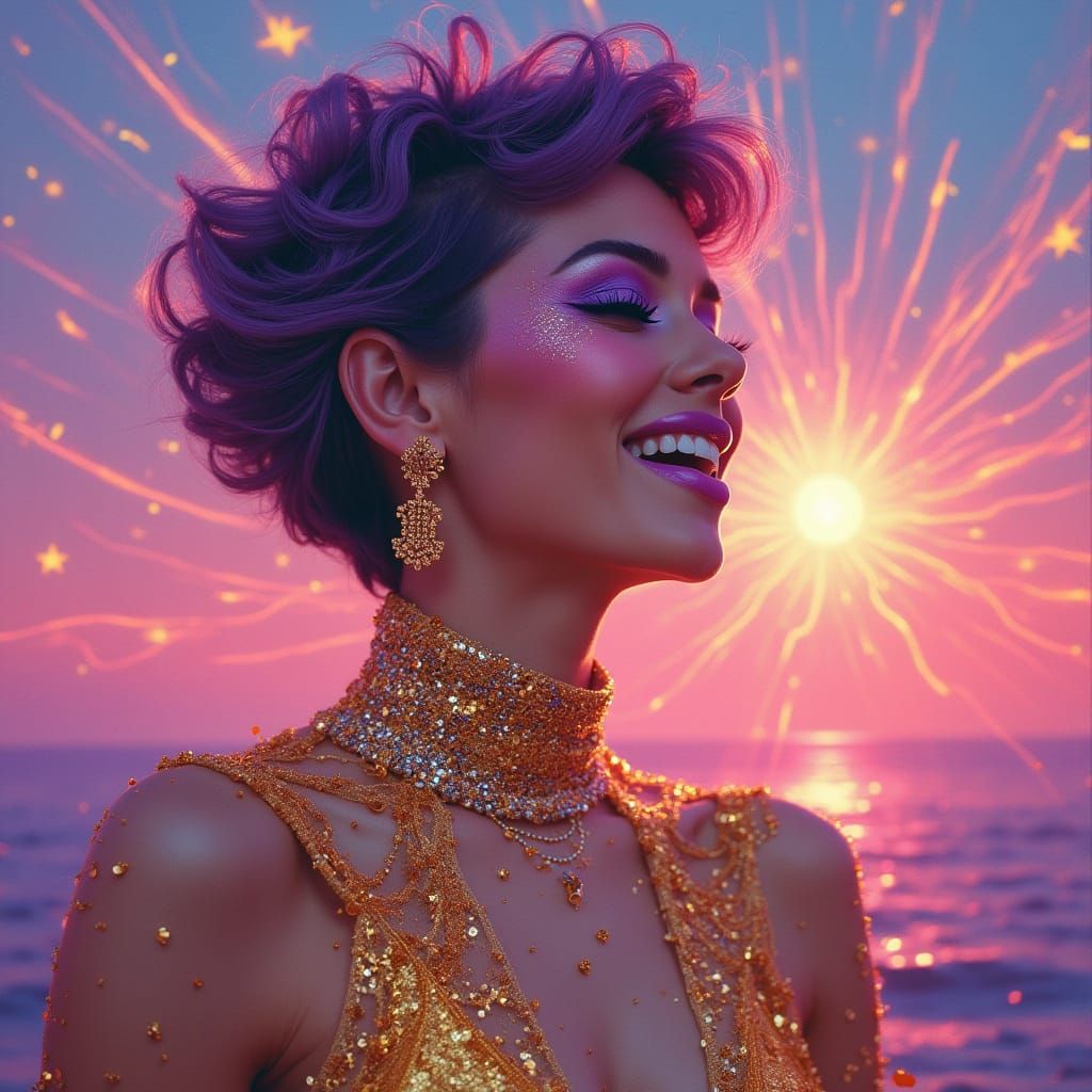 Glamorous Rock Star in Vibrant Sunset