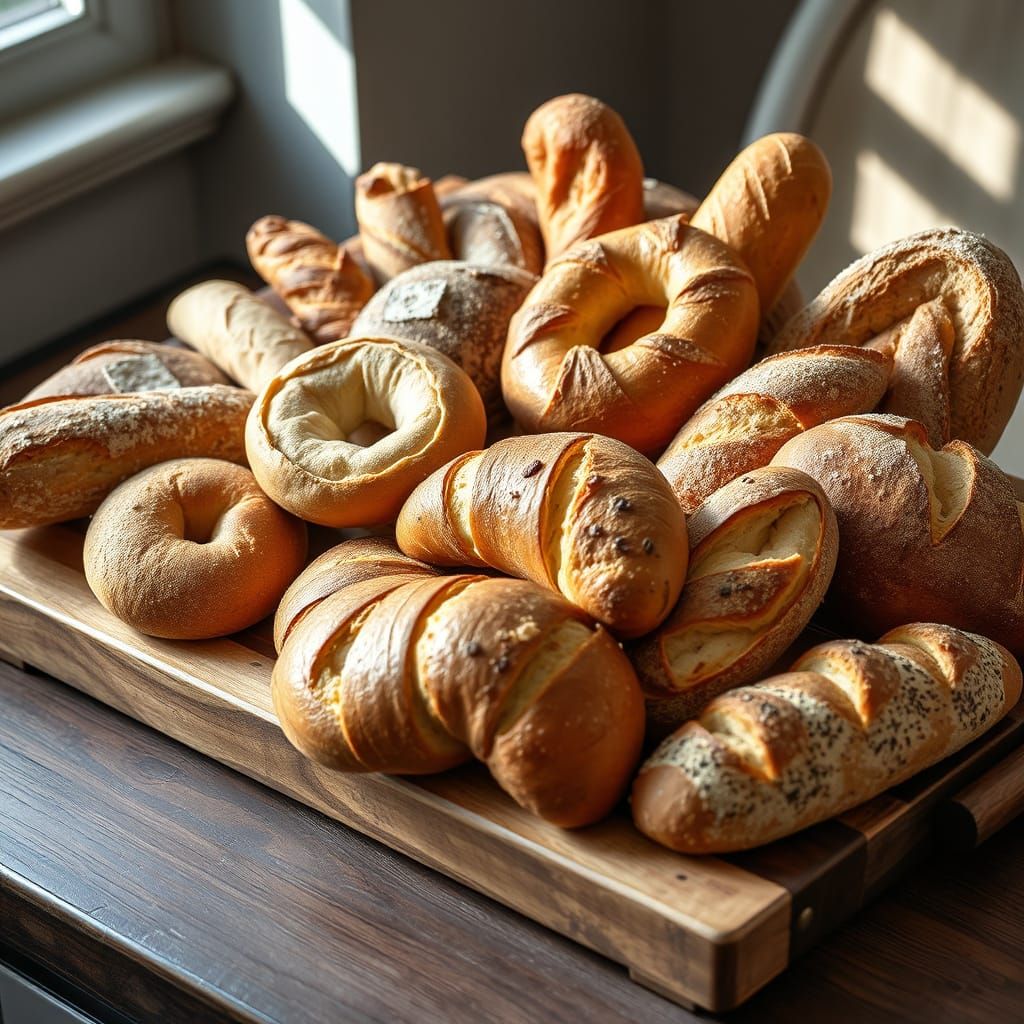 Artisanal Bread Feast on Rustic Wooden Tray