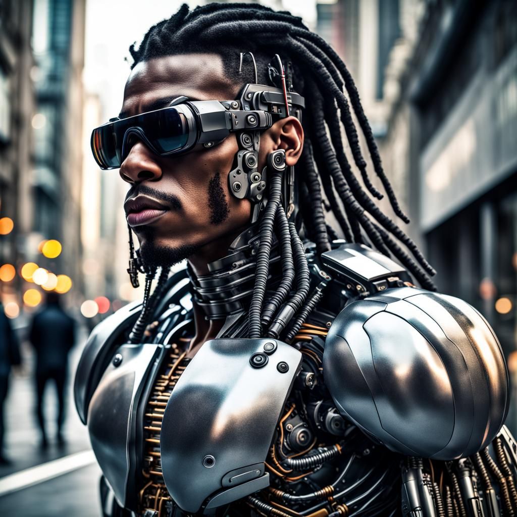 Hyperrealistic Cyborg with Visor in Cityscape