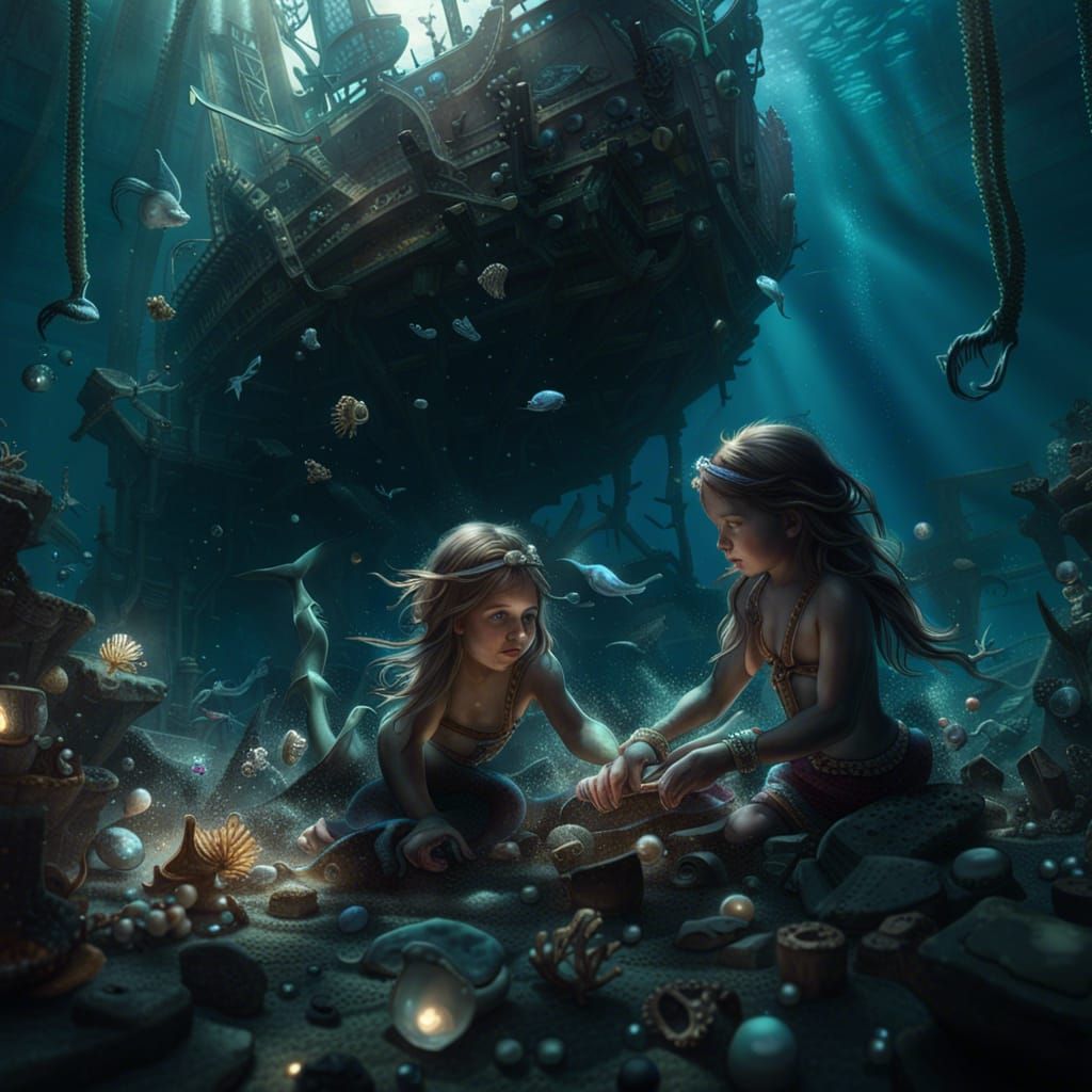 Baby Mermaids Play Among Sunken Treasure