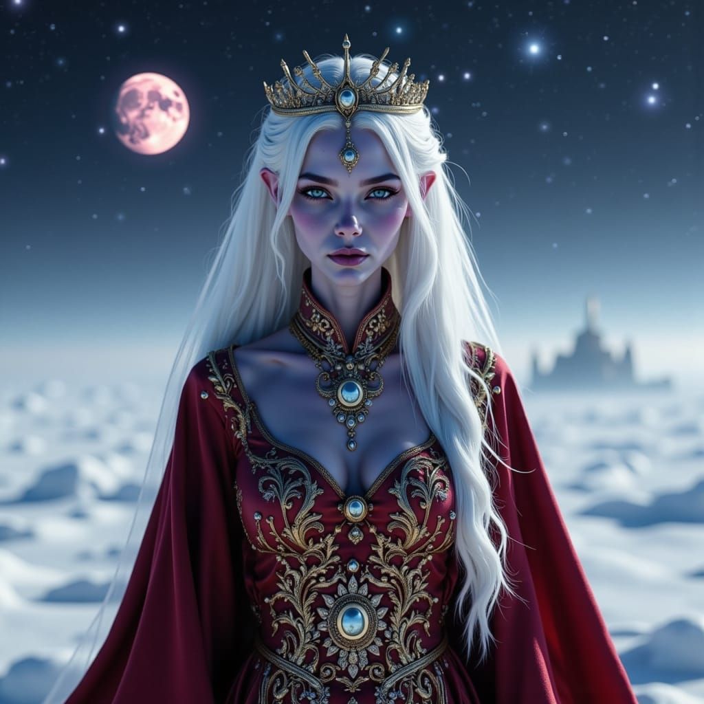 Full-Figured Alien Woman in Crimson Sarafan Under Starry Sky