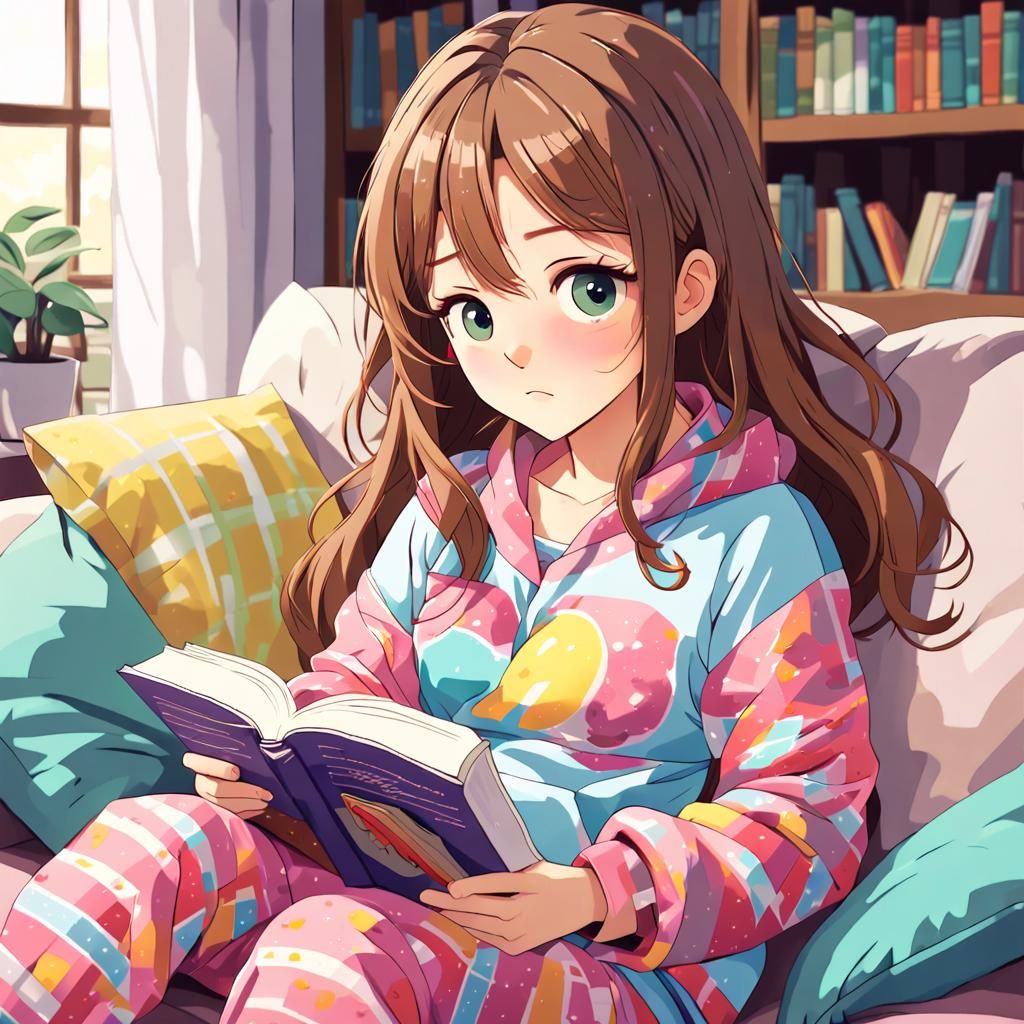 Anime Girl Reading in Cozy Stone Cottage