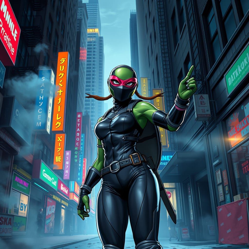 Heroic Ninja Turtle Woman in Gritty Cyberpunk New York