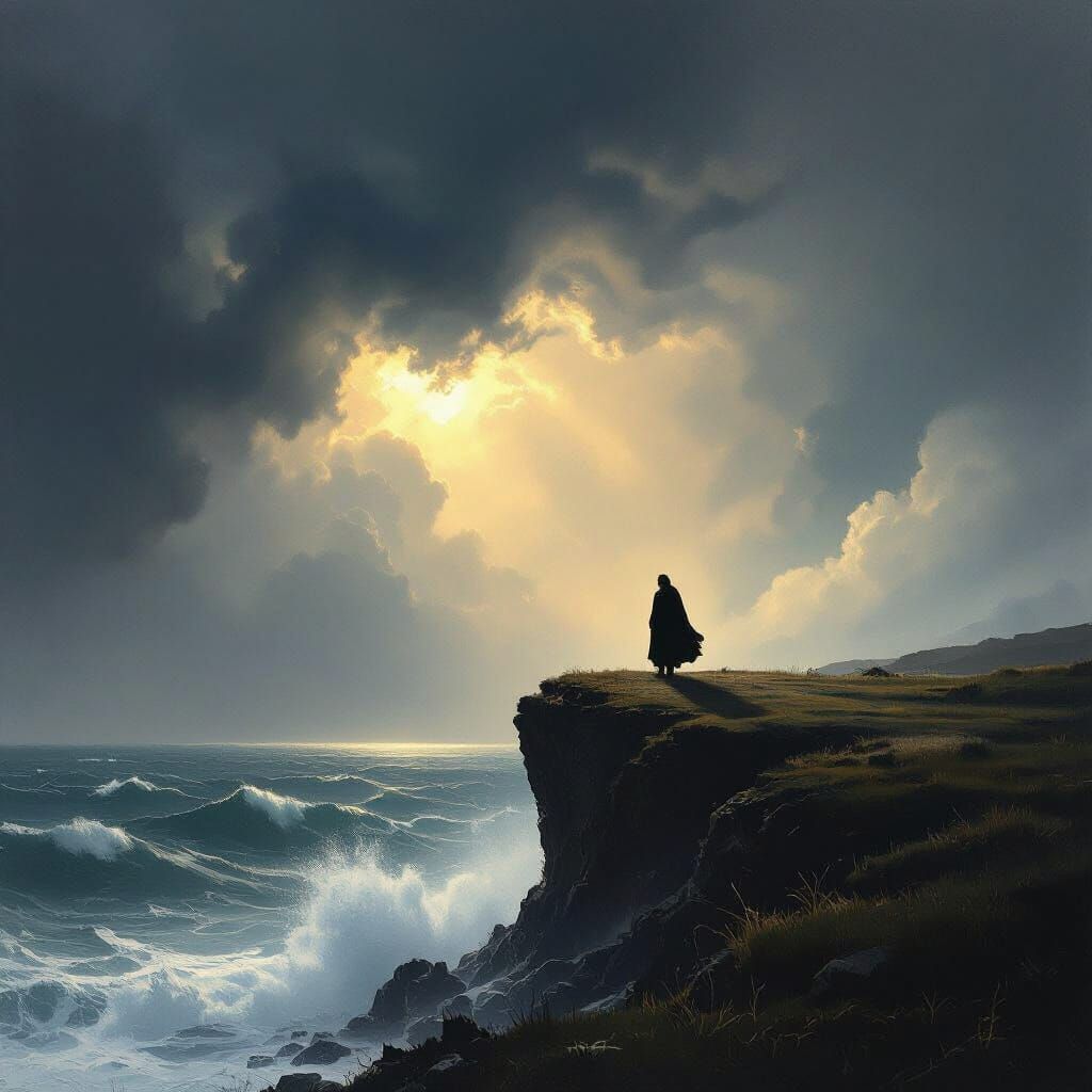 Solitary Figure on Cliff Edge Overlooking Stormy Sea