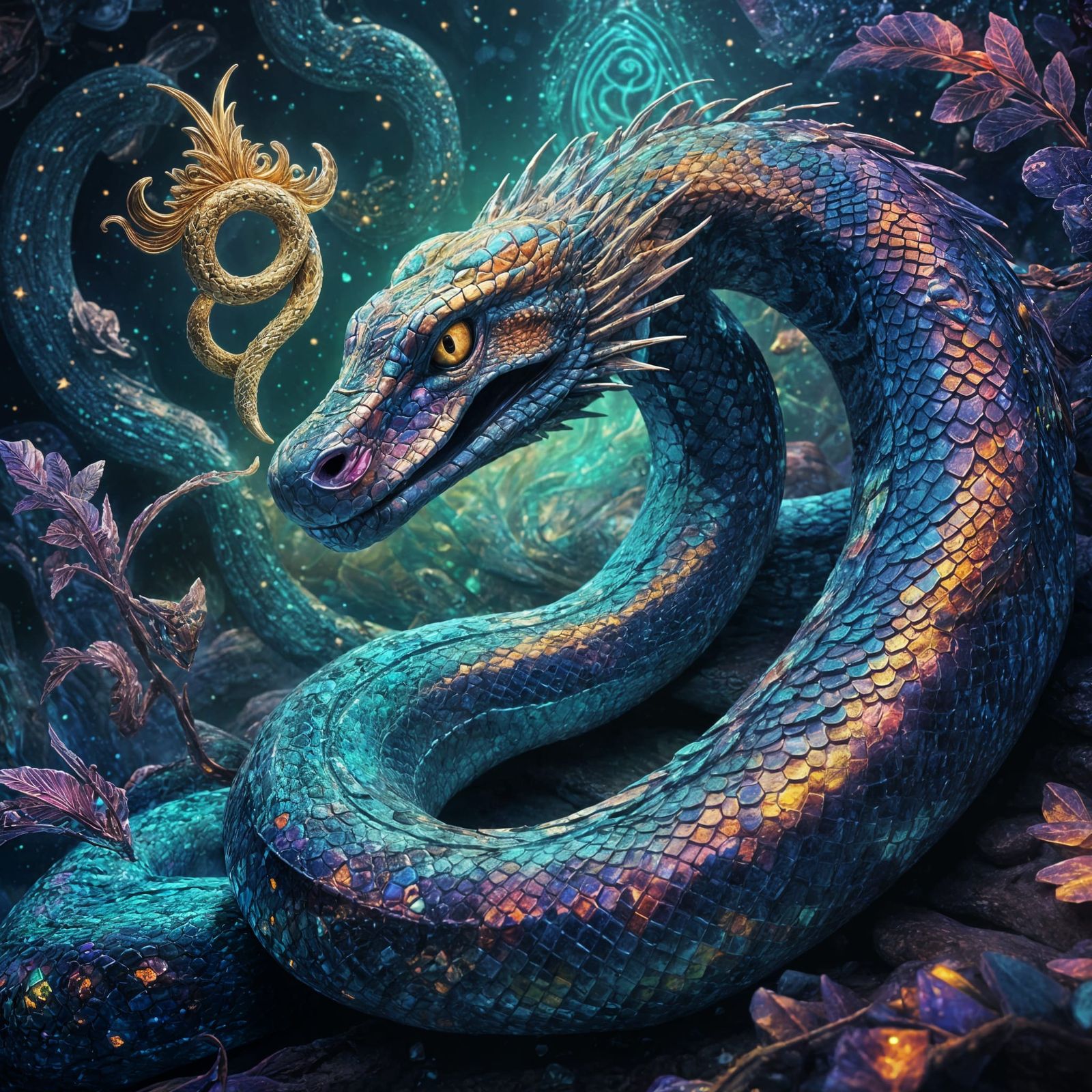 Serpent Guarding Treasure, Holographic Illustration