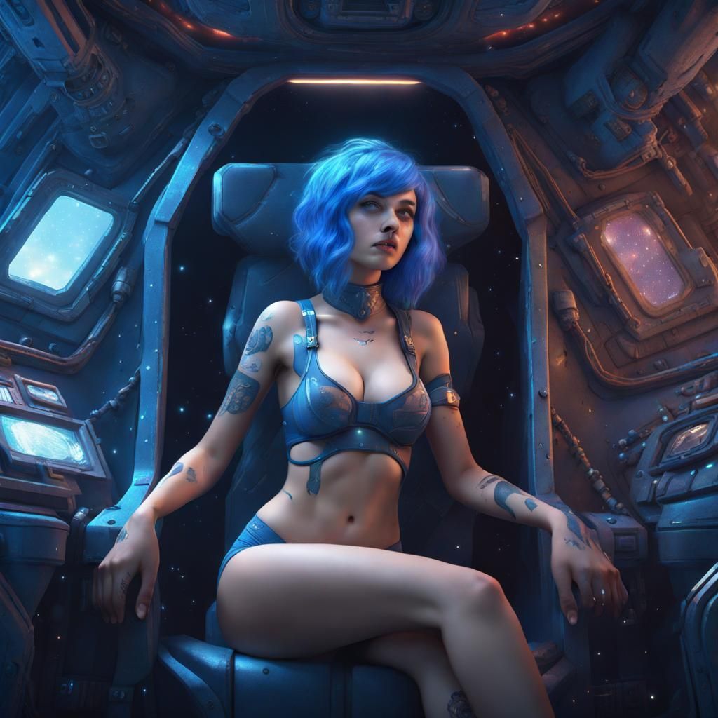 Blue-Haired Girl in Space: Detailed Digital Painting