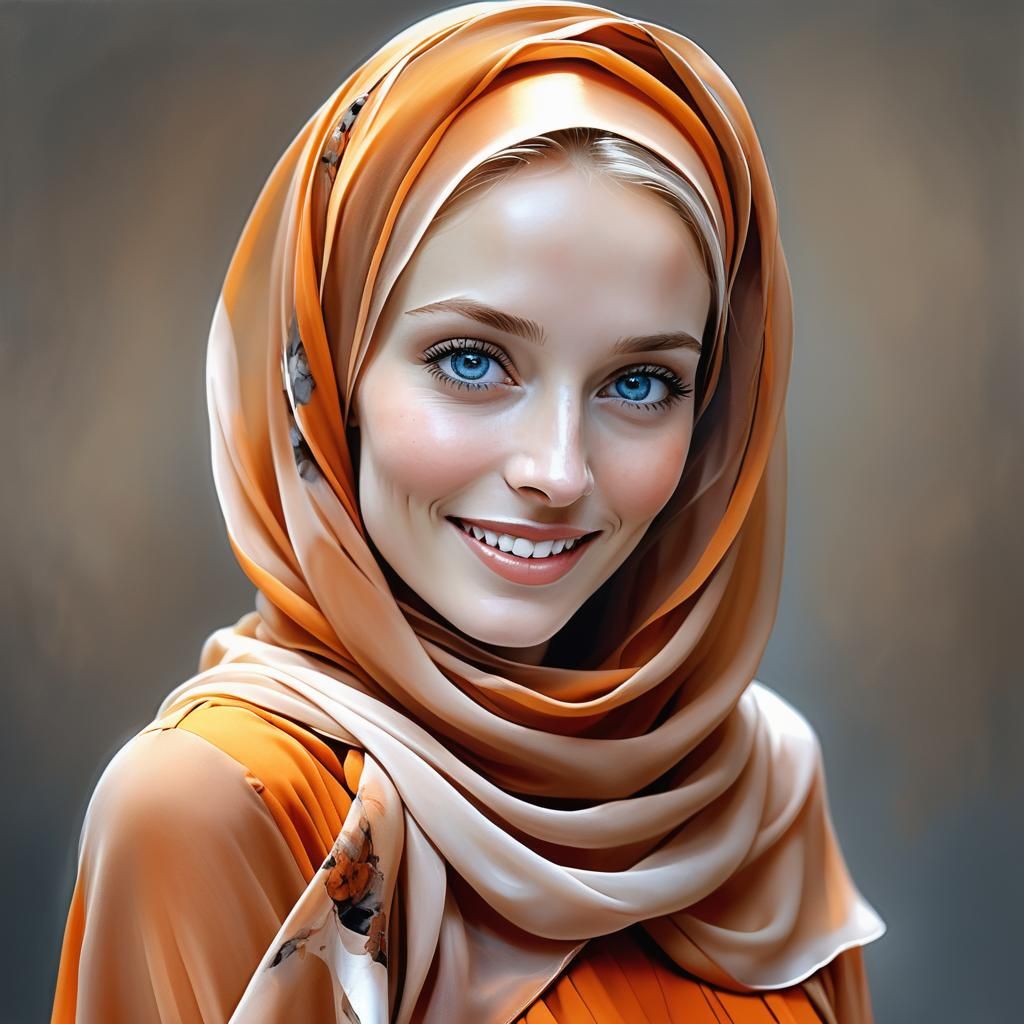 Happy Dutch Woman in Orange Hijab: Oil Portrait