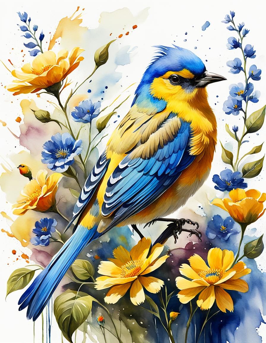 Yellow Bird in Watercolor Painting with Flowers