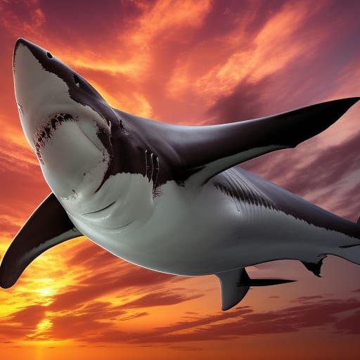 Great White Shark Flies in Desert Sunset