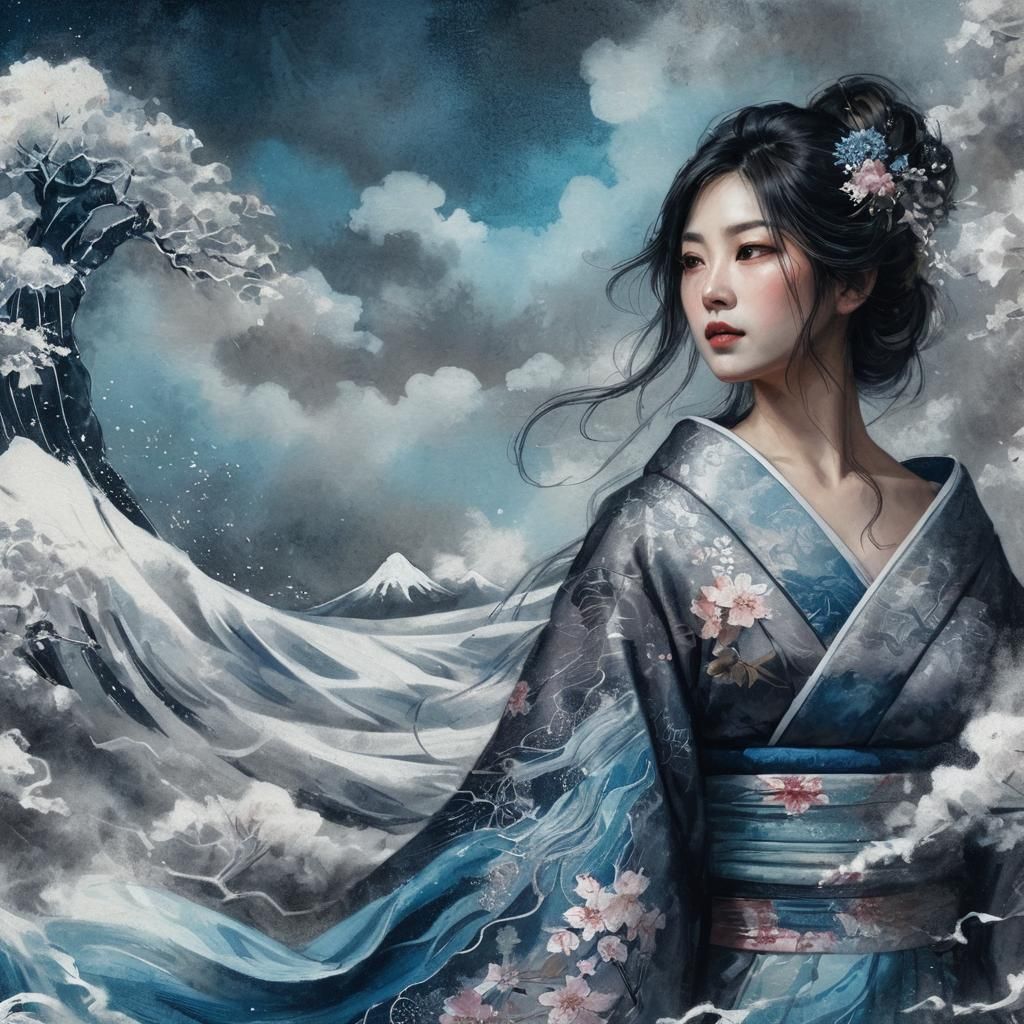 Kimono Woman Under Cherry Blossoms in Nihonga Style