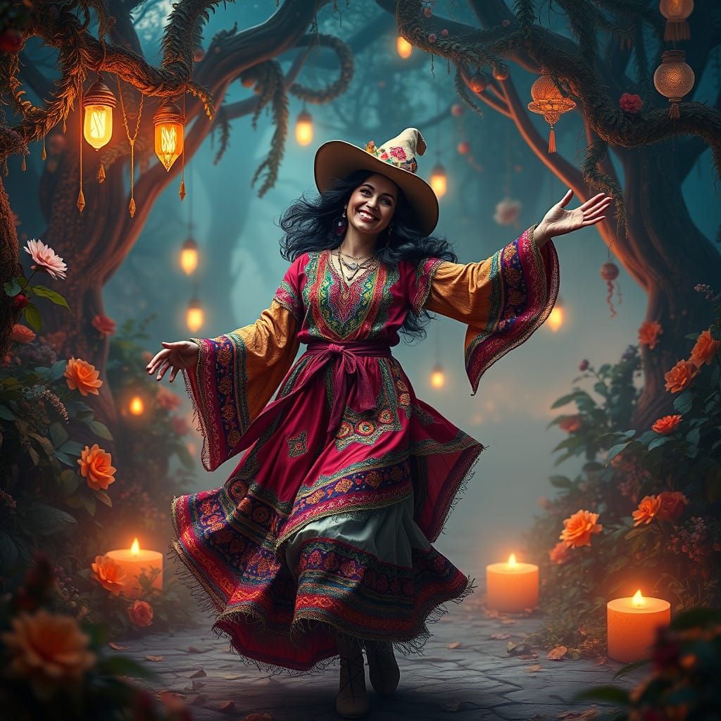 Enchanted Gypsy Witch in Whimsical Fantasy Landscape