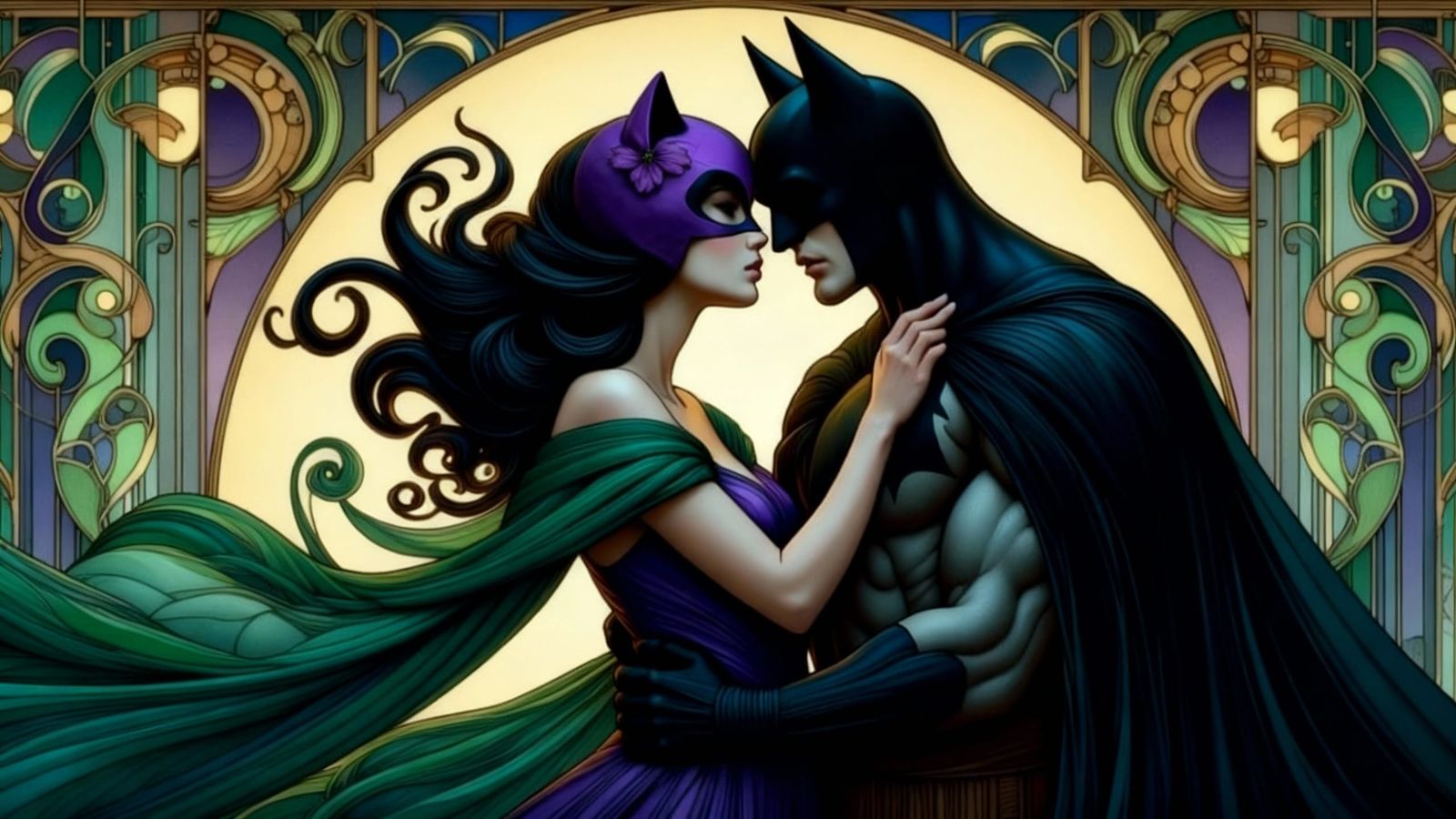 Catwoman and Batman Embrace in Art Nouveau Oil Painting