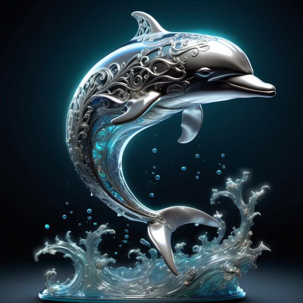 Luminous Silver Dolphin Leaping from Metal Ocean