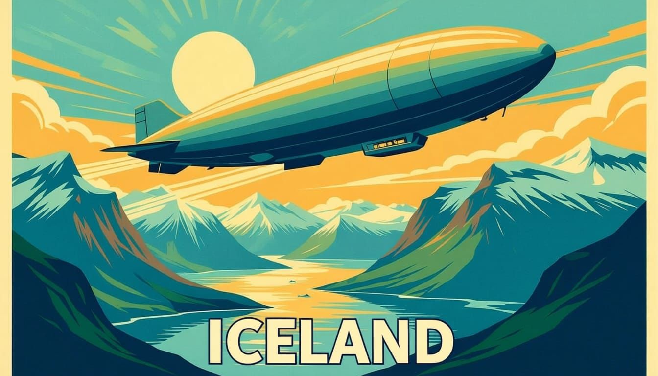 Art Deco Zeppelin Over Majestic Icelandic Fjords Travel Post...