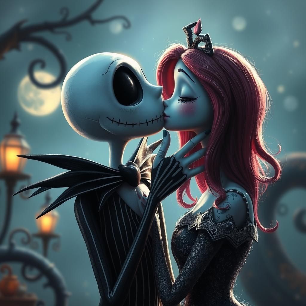 Jack and Sally Kiss: Ethereal Fantasy Art