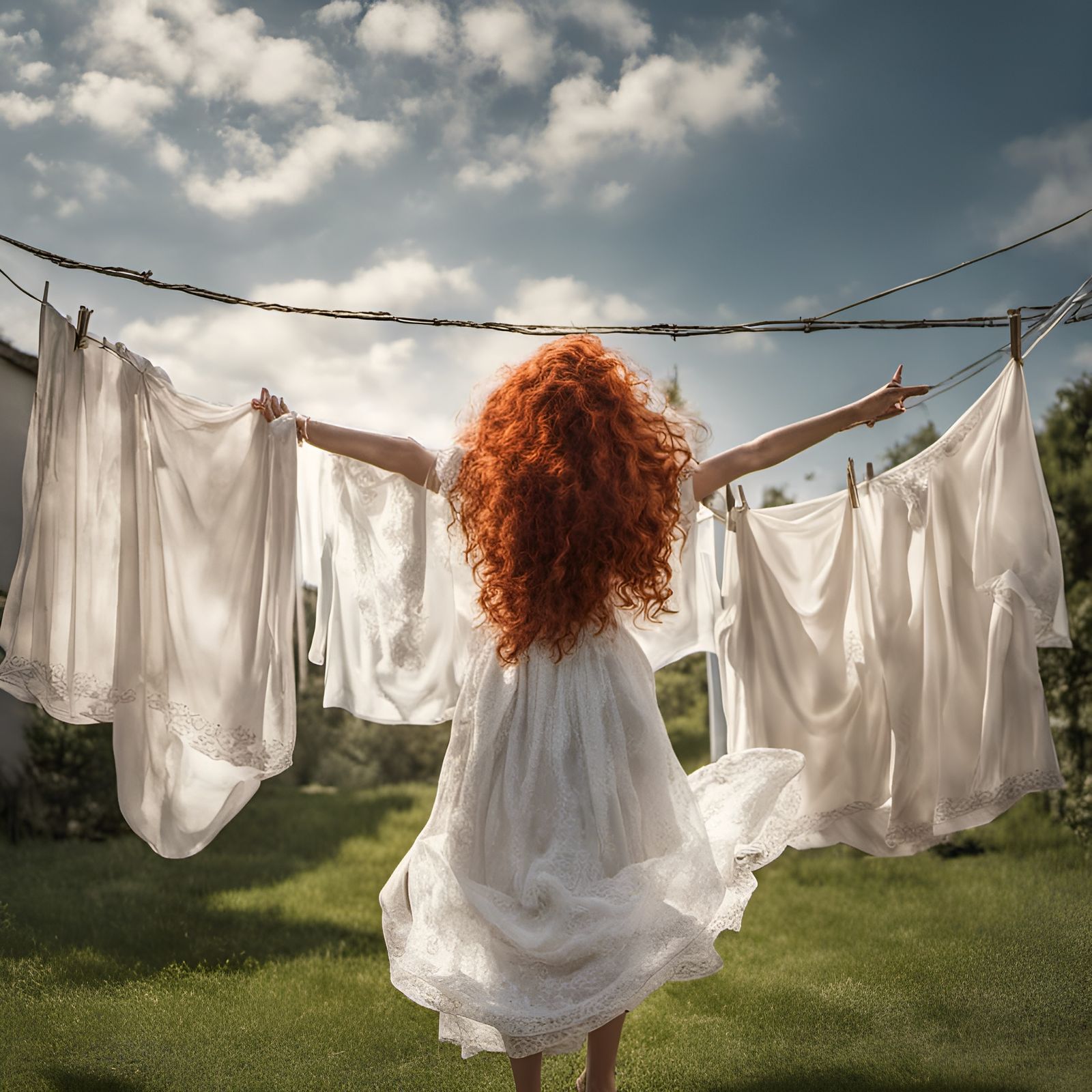 Woman with Red Hair Spreading Laundry