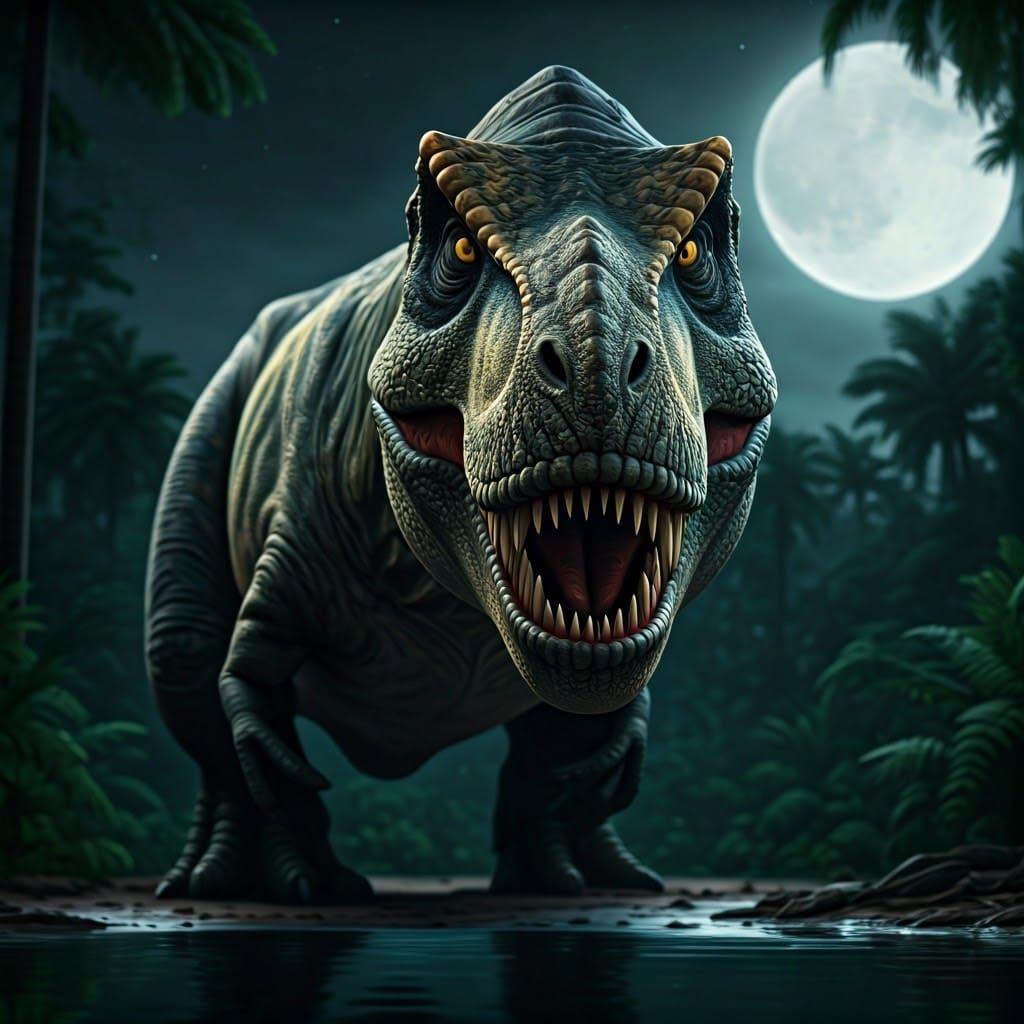 Hyperrealistic T. Rex in Moonlit Jungle, Captured with Profe...