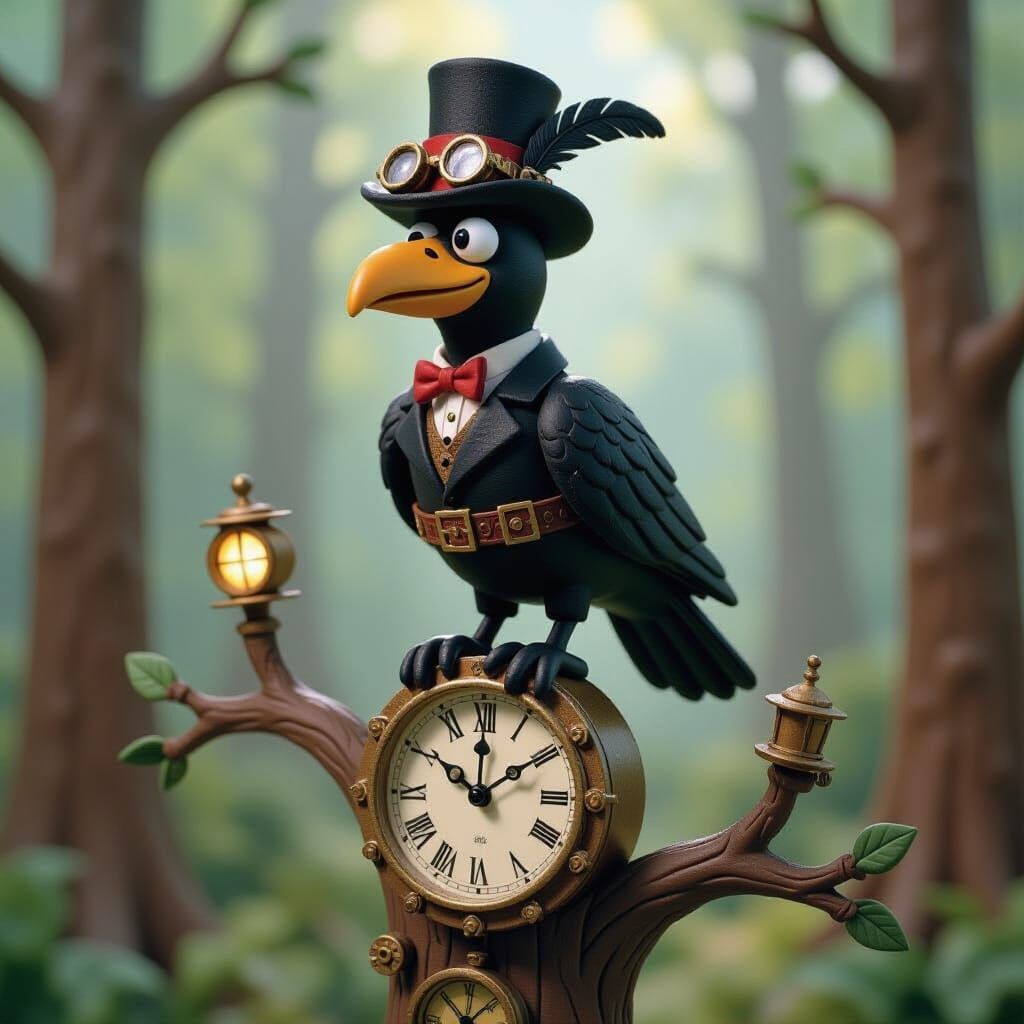 Steampunk Raven in Claymation Style on Clockwork Tree